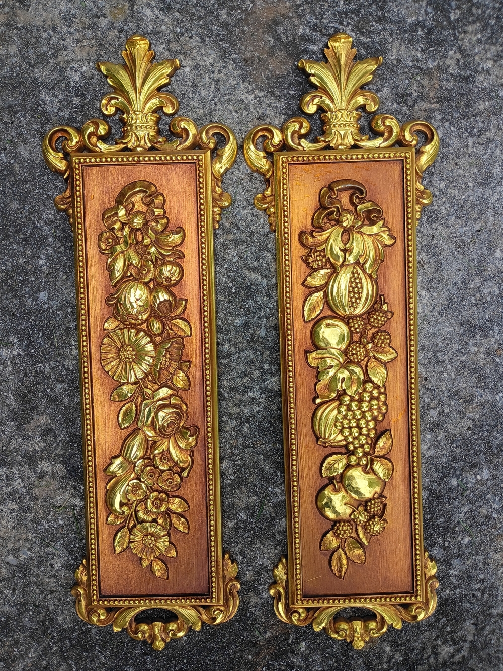 Dart Ind Syroco Floral Wall Art Plaques Pair Gold Embossed 20” Vintage 1970